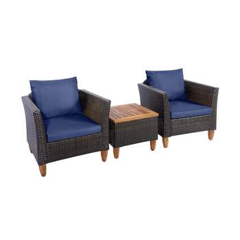 Tangkula 3 Pieces Outdoor Rattan Furniture Set Wicker Bistro Set Wooden Table Top with Cushions