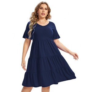 Women's Plus Size Lantern Sleeve Casual Ruffle Hem Loose Swing V Neck Tunic Mini Dress - 1 of 4