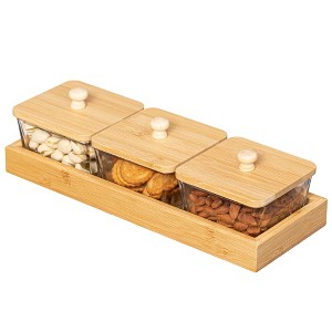 Basicwise Glass Jars with Bamboo Lids and Wooden Tray – Rectangular Charcuterie, Snack Organizer and Fruit Platter for Party, Candy Jars,and Cookies - 1 of 4