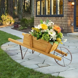 Costway Wooden Wagon Planter Decorative Indoor/Outdoor Rustic Flower Cart with Wheel Blue/Beige/Red - 1 of 4