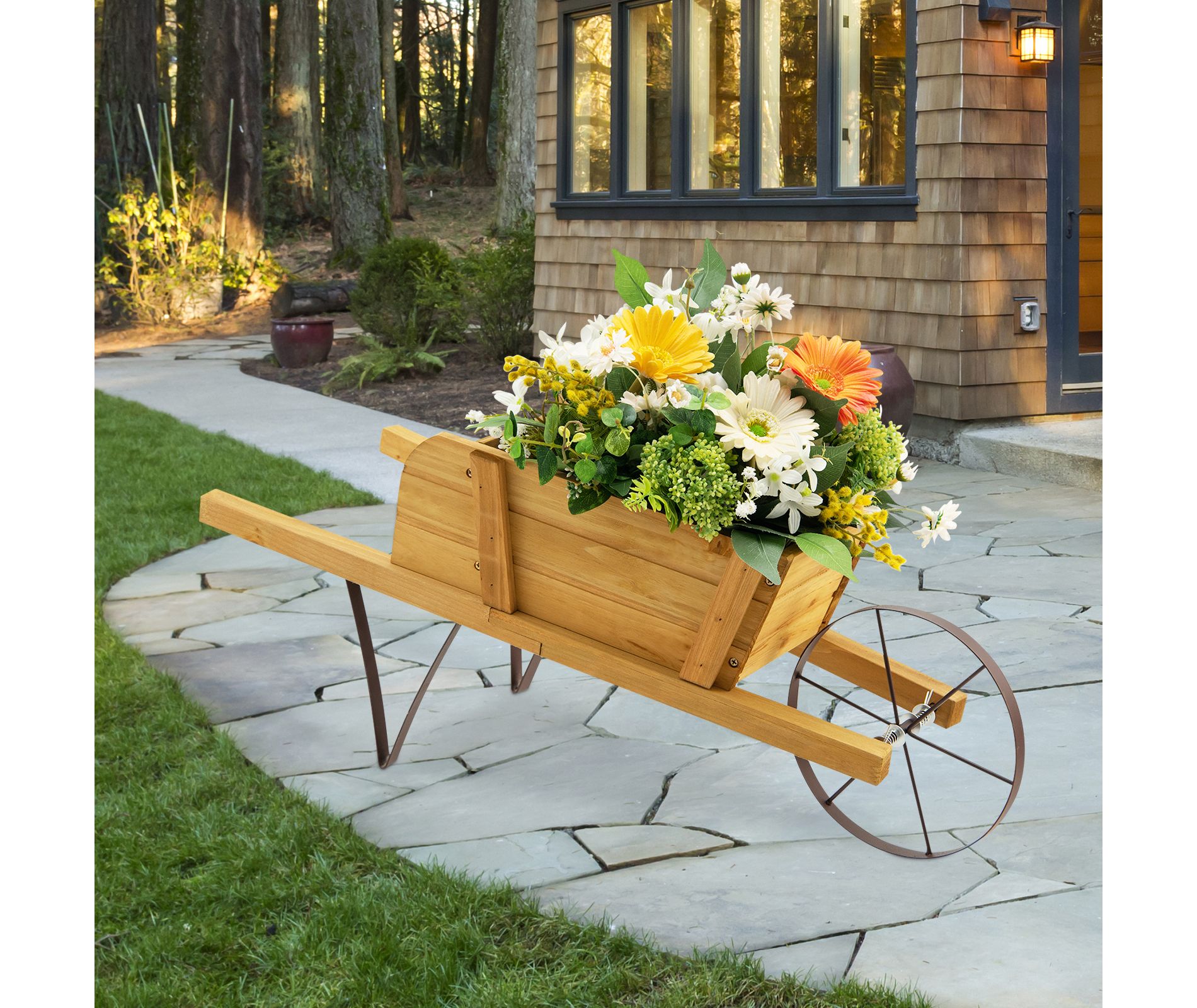 Costway Wooden Wagon Planter Decorative Indoor/Outdoor Rustic Flower Cart with Wheel Beige