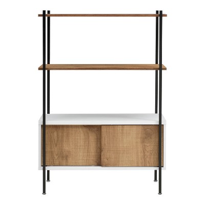 White and Oak Adjustable 3-Shelf Bookcase with Sliding Doors