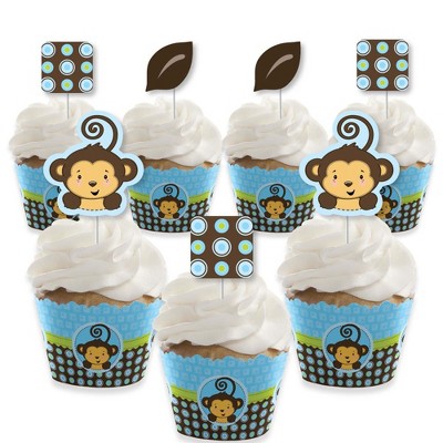Big Dot of Happiness Blue Monkey Boy - Cupcake Decoration - Baby Shower or Birthday Party Cupcake Wrappers and Treat Picks Kit - Set of 24
