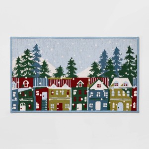 20"x34" Winter Snowy Houses Memory Foam Rug Blue - Room Essentials™ - 1 of 4