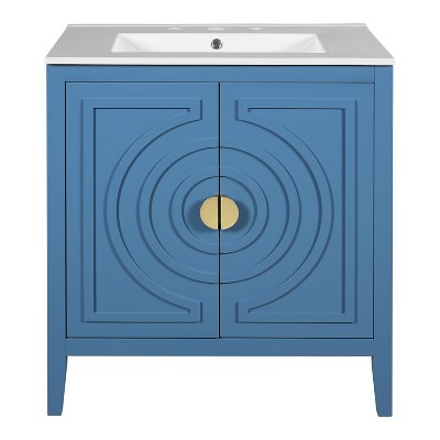 Vynxaria 30 in. 1 Freestanding Blue Bath Vanity with White Ceramic Top