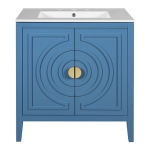 Vynxaria 30 in. 1 Freestanding Blue Bath Vanity with White Ceramic Top - 1 of 4