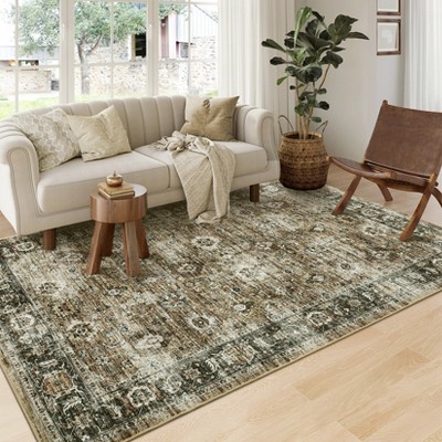 Washable Vintage Rug Non Slip Low Pile Rug Soft Floral Distressed Throw Floor Cover Foldable Indoor Carpet for Living Room Bedroom Playroom Nursery