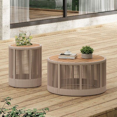 NicBex 15"/26"/15"+26" Round Outdoor End Table,Outdoor Side Table with Acacia Wood Top,Patio Table with Rope Design for Lawn,Outdoor Furniture