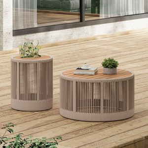 NicBex 15"/26"/15"+26" Round Outdoor End Table,Outdoor Side Table with Acacia Wood Top,Patio Table with Rope Design for Lawn,Outdoor Furniture - 1 of 4