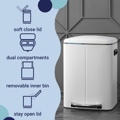 White Stainless Steel Rectangular Pedal Trash Can with Soft-Close Lid