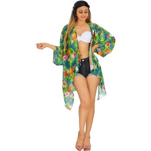 LA LEELA Women's Open Front Summer Duster Vacation Beach Wear Mini Bathing Suit Cardigans Holiday Swimwear Coverups L-XL Blue, Floral - 1 of 4