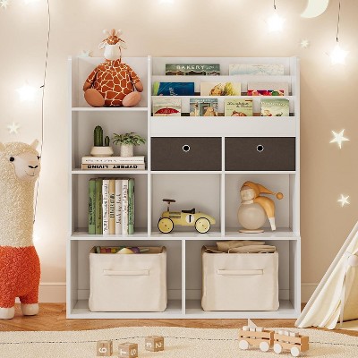 Kids Bookshelf with 2 Drawers and 3 Layer Sliding Bookcase, Book and Toy Storage Organizer,Baby Storage Book Rack for Bedroom, Nursery Classroom
