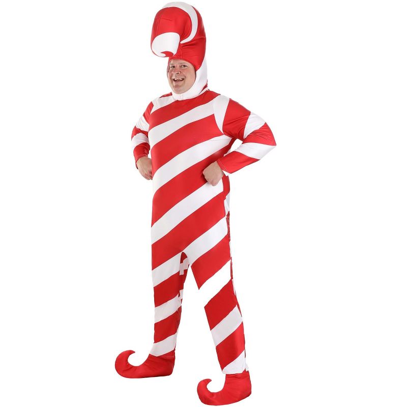 HalloweenCostumes.com Plus Size Adult Red Candy Cane Bodysuit Costume | Festive Christmas Holiday Jumpsuit with Hood and Boot Covers, 1 of 10