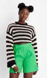 Women's Open Knit Crewneck Sweater - Future Collective™ with Alani Noelle Black/White