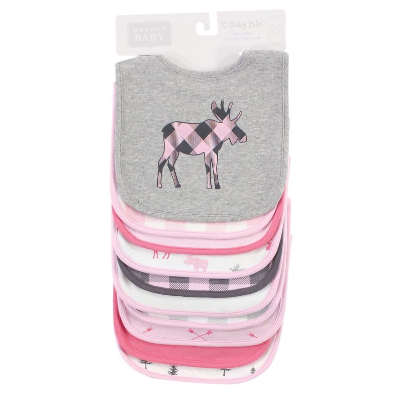 Hudson Baby Infant Girl Cotton Bibs, Pink Plaid Moose, One Size, 3 of 4