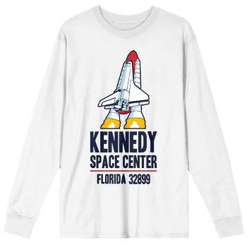 NASA Kennedy Space Center Spaceship and Logo Men's White Crew Neck Long Sleeve Graphic Tee
