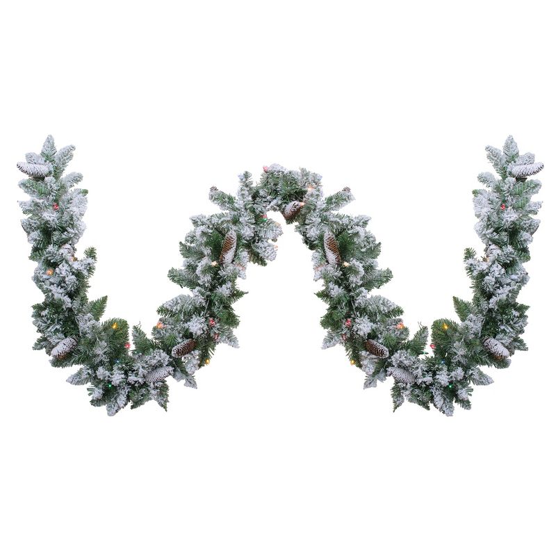 Northlight 9' x 10" Pre-Lit Flocked Pine Artificial Christmas Garland - Multi Color Lights, 1 of 6