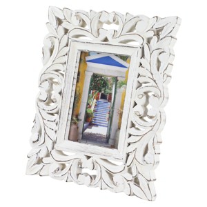 Mango Wood Scroll Handmade Intricate Carved 1 Slot Photo Frame Rustic White - Olivia & May - 1 of 4