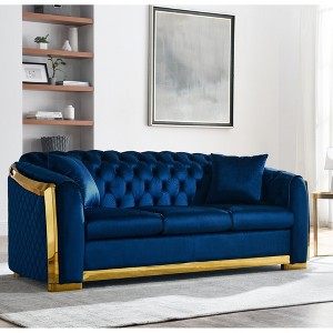 84'' Velvet Luxury Tufted 3-Seater Sofa with Gold Stainless Steel Accents for Living Room - 1 of 4