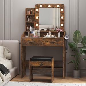 Vanity Desk with Power Outlet, Makeup Vanity with Large Mirror and LED Lights, 7 Drawers & Cushioned Stool - 1 of 4