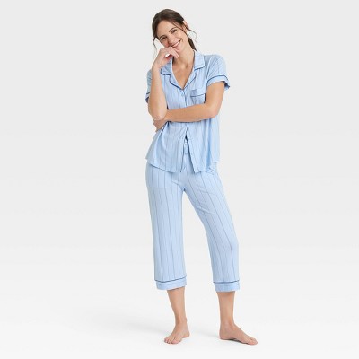 Image of Women's Cloud Knit Short Sleeve Notch Collar Top and Cropped Pants Pajama Set - Auden™ Light Blue Stripe M