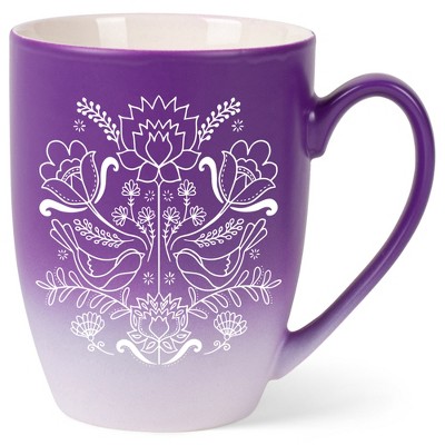Elanze Designs Damask Threaded Floral Birds Two Toned Ombre Matte Purple and White 12 ounce Ceramic Stoneware Coffee Cup Mug