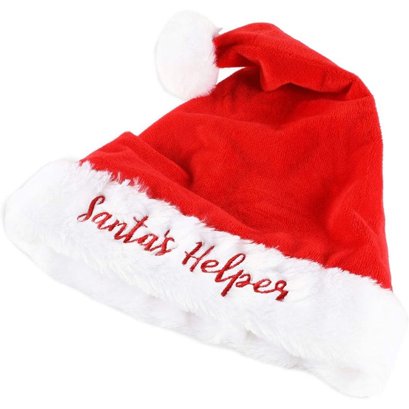 Blue Panda 2-Pack Santa's Helper Funny Christmas Hats, Velvet Comfort Xmas Holiday Party Santa Hat for Kids, 4 of 6