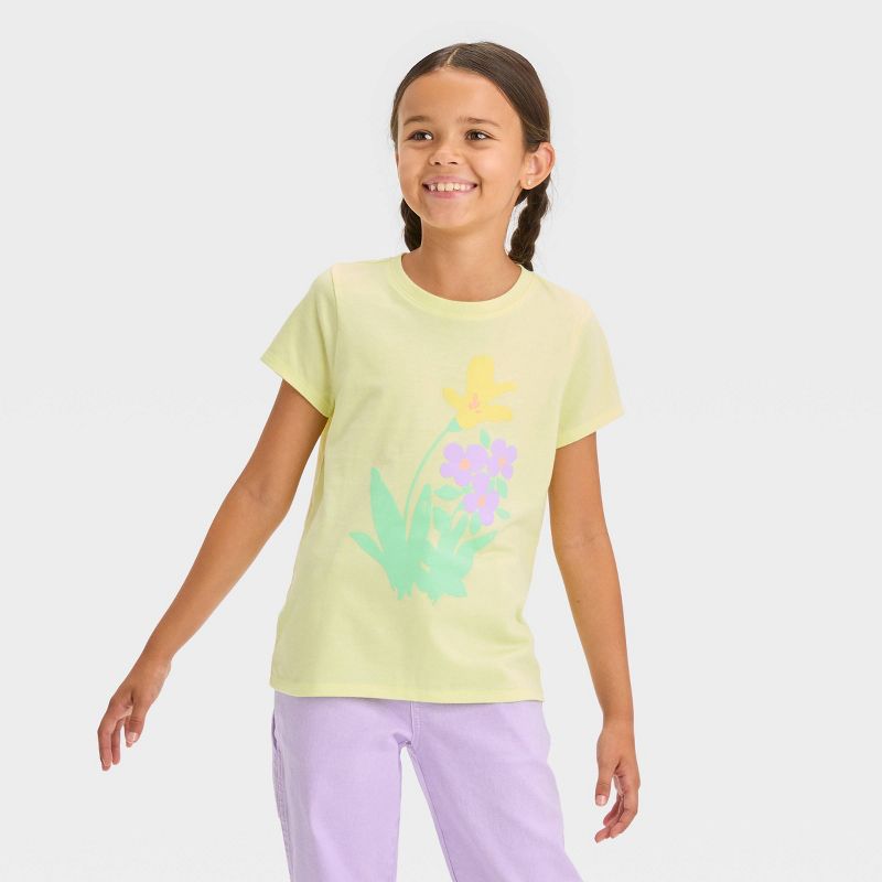Girls' Short Sleeve 'Flowers' Graphic T-Shirt - Cat & Jack™ Light Yellow, 1 of 5