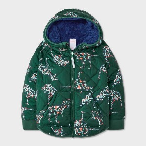 Toddler Boys' Dino Printed Quilted Reversible Puffer Jacket - Cat & Jack™ Dark Green - 1 of 4