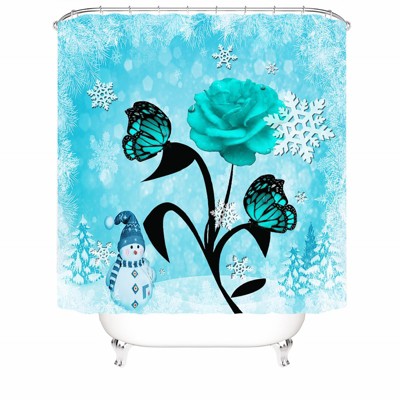 Snowman And Blue Green Flowers Shower Curtains for Bathroom Waterproof Fabric Bath Curtain Durable Soft Stylish Bathroom Decor 72x72 Inch