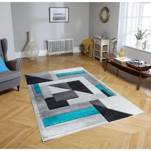 Home Mart Goods Turquoise Blue Teal Silver Charcoal Grey Geometric Shapes Hand-Carved Abstract Soft Premium Modern Contemporary Non-Shedding Area Rug - 1 of 4