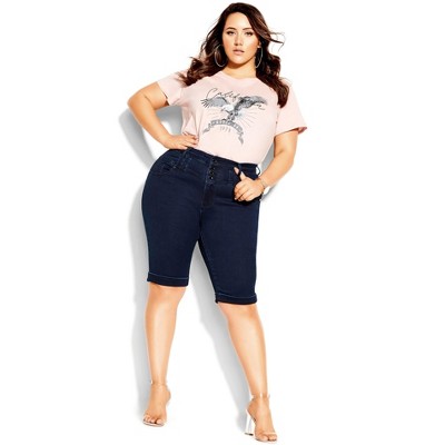 CITY CHIC | Women's Plus Size Knee Hi Waist Cuff Short - dark denim - 20W