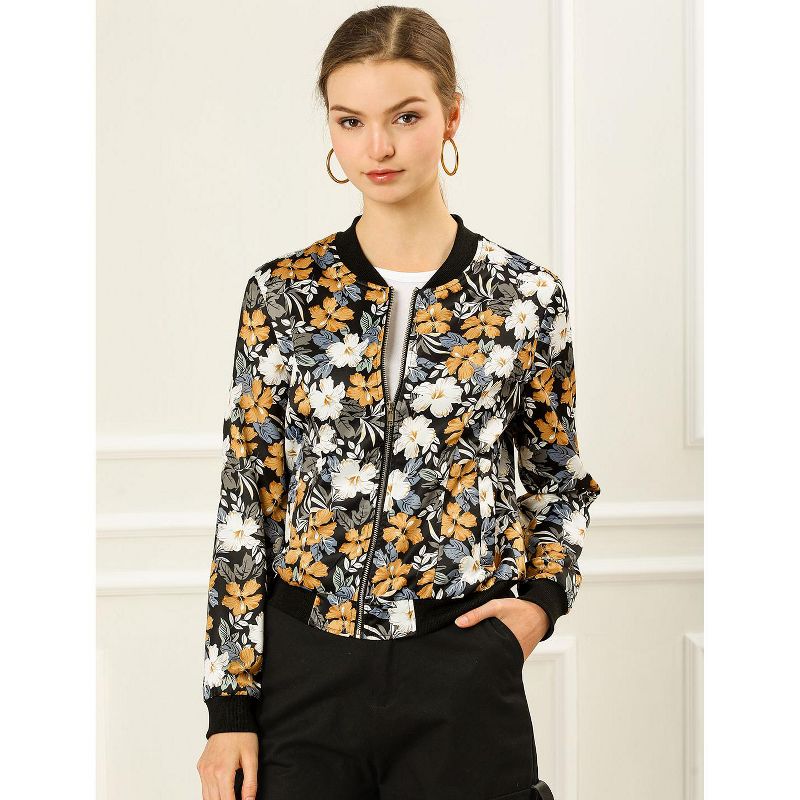 Allegra K Women's Stand Collar Floral Prints Zip Up Lightweight Short Jacket, 3 of 8