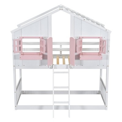 NicBex Twin Over Twin House Bunk Bed with Roof,Window,Ladder and Safety Guardrail for Kids,Girls,Boys