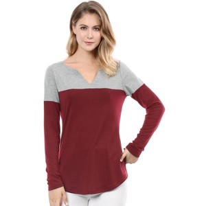 Allegra K Women's Casual Color Block Stretch Long Sleeves Split V-Neck T-Shirt - 1 of 4