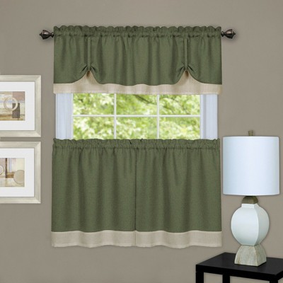 Kate Aurora Shabby Country Farmhouse Flax Styled Sheer Cafe 3 Piece Kitchen Curtain Tier & Valance Set