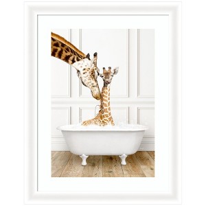 Kate and Laurel Mother and Baby Giraffe in Traditional Vintage Bathtub by Amy Peterson Framed Wall Art Print, 21 x 27, Oliver White Narrow - 1 of 4