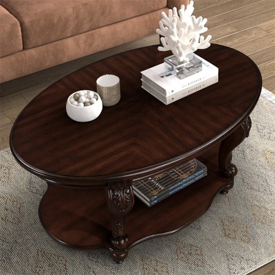 42" Oval Coffee Table, 2-Tier Solid Wood End Table, Cocktail Table with Open Storage Shelf, Modern Coffee Table with Craft Carving for Living Room