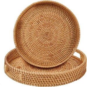 BRINJOY 14.17" Round Woven Tray - Handmade Rattan Serving Tray with Handles (Large) - 1 of 4