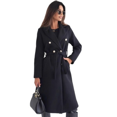 Women Elegant Notched Collar Double Breasted Overcoat with Tie Belt Trench Coat Fall Winter