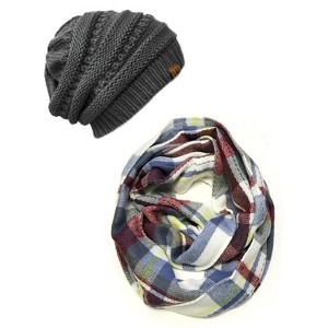 Wrapables Plaid Print Infinity Scarf and Beanie Hat Set, Gray/Wine and Charcoal Gray Set - 1 of 4