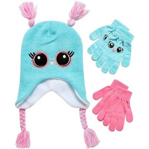 Girls Critter Owl Winter Hat and 2 Pair Gloves or Mittens (Toddler/Little Girls) - 1 of 4