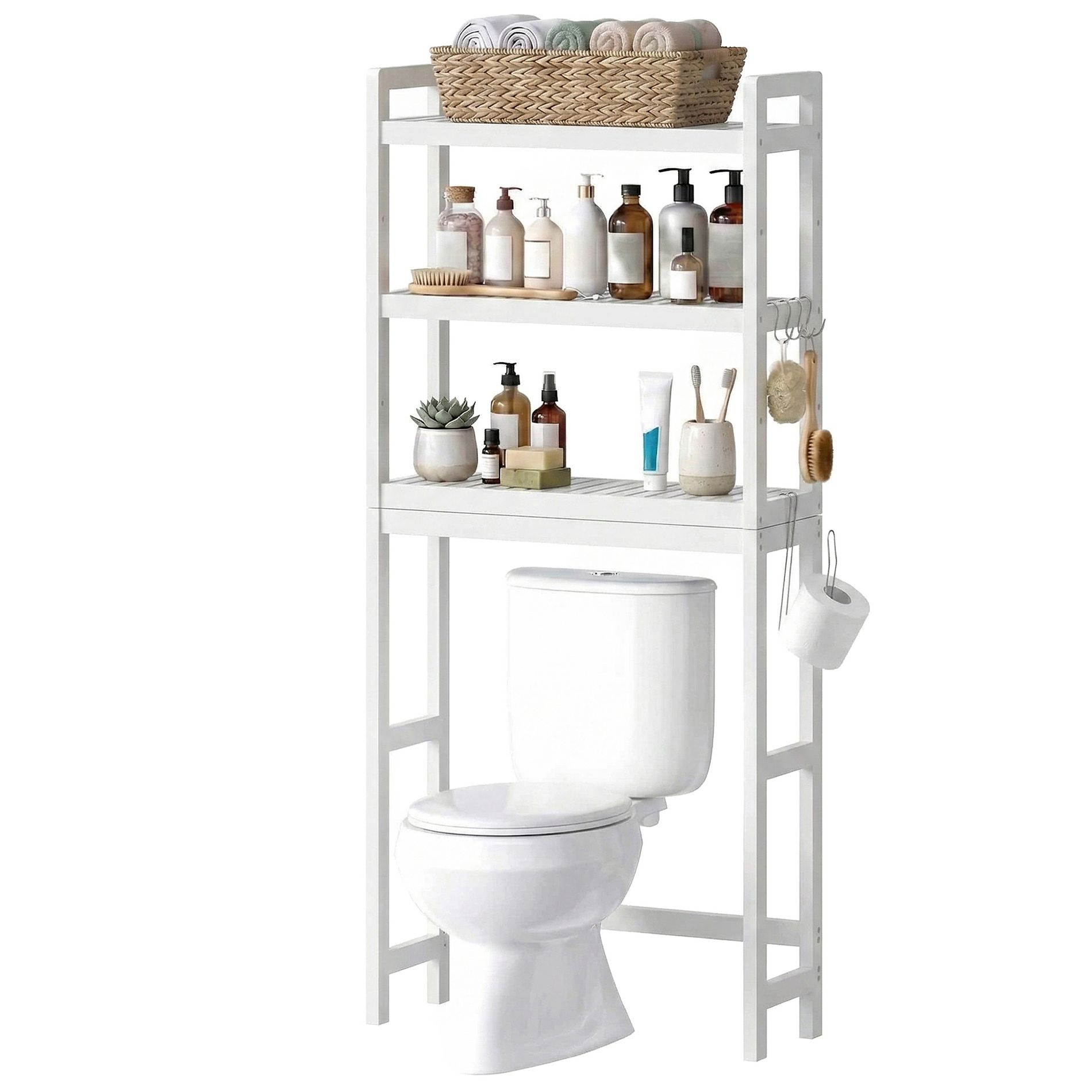 LEDREM Over The Toilet Storage Shelf, 3-Tier Bamboo Bathroom Organizer Adjustable Saver Space Rack with Toilet Paper Holder, White