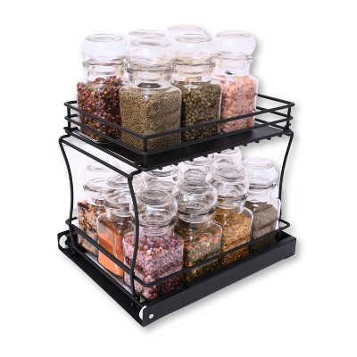 Wondersome Pull-Out Spice Rack Organizer for Cabinet Shelf - Matt Black - 2-Tier Kitchen Jars Organization and Storage Tray - EZ-Slide Rolling Drawer Wheels