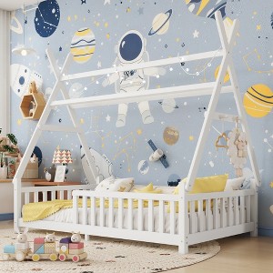 VASIP Twin Size House Bed,LowFloor Playhouse Bed with Protective Fence & Roof for Kids,Natural - 1 of 4