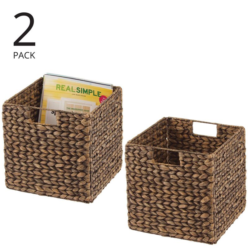 mDesign Hyacinth Woven Cube Bin Basket Organizer, Handles, 2 Pack, Brown Wash, 2 of 10