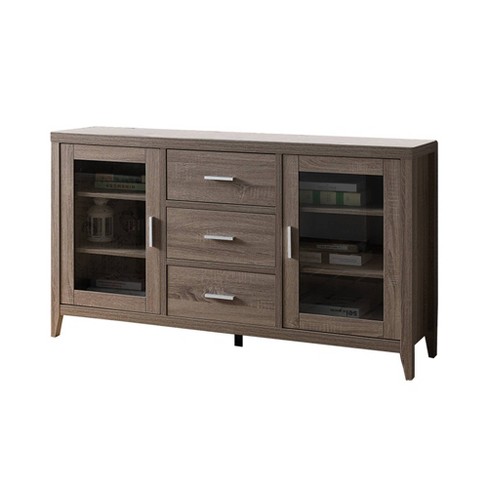 Wooden Tv Stand With 3 Drawers And Side Door Glass Cabinets Brown