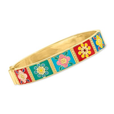 Ross-Simons Multicolored Enamel Floral Patchwork Bangle Bracelet in 18kt Gold Over Sterling