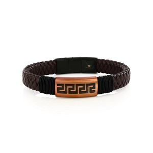 Metallo Mens Stainless Steel, Braided Leather Greek Key Bracelet - Brown - Brown - 8.5 Inch - 1 of 3