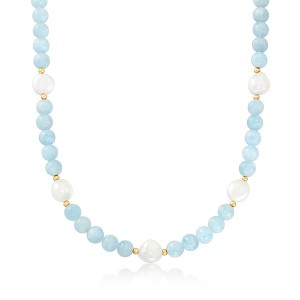 Ross-Simons 190.00 ct. t.w. Aquamarine Bead and 11-12mm Cultured Baroque Pearl Necklace With 14kt Yellow Gold - 1 of 2